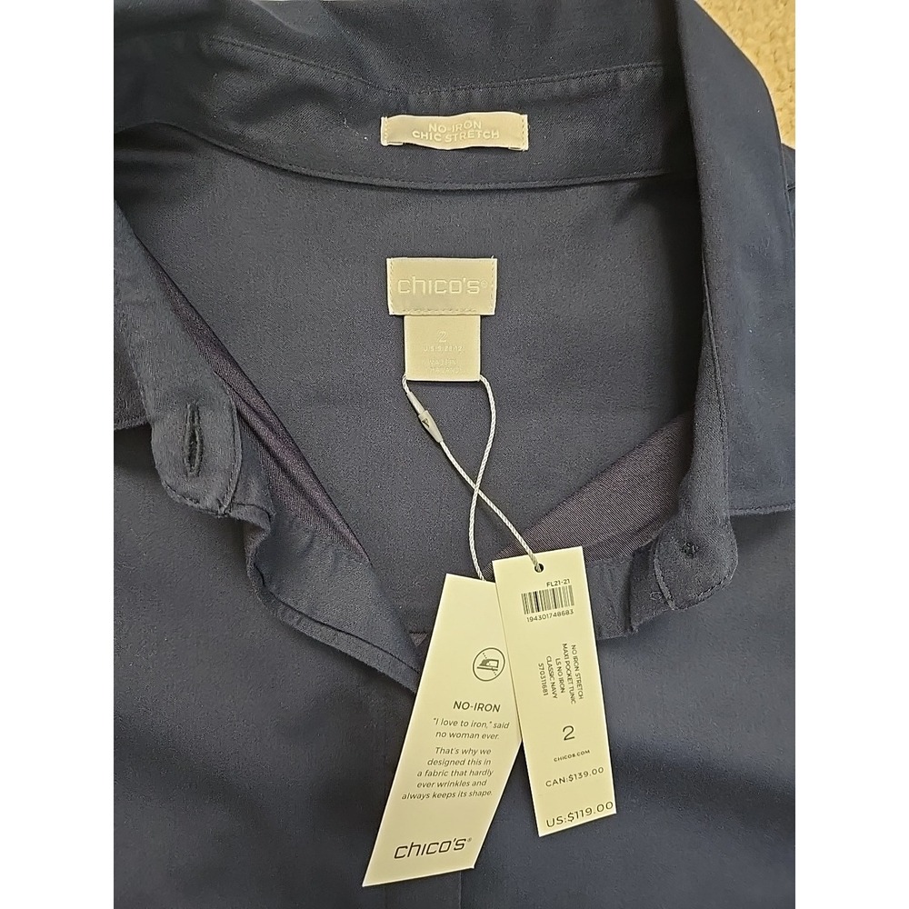 NWT Chico's 2 US 12 Classic Navy No Iron Stretch Maxi Pocket Tunic Office Classi - Picture 2 of 14